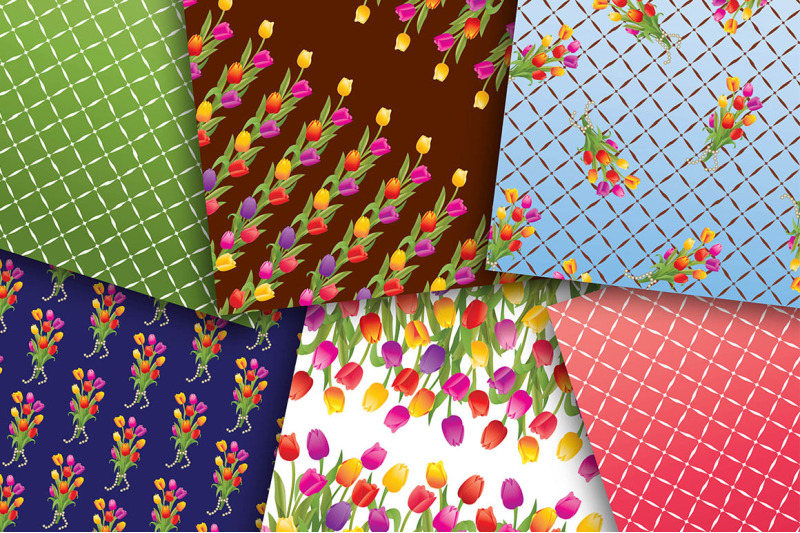tulips-set-digital-papers-floral-pattern-plaid-patern-scrapbook-pap