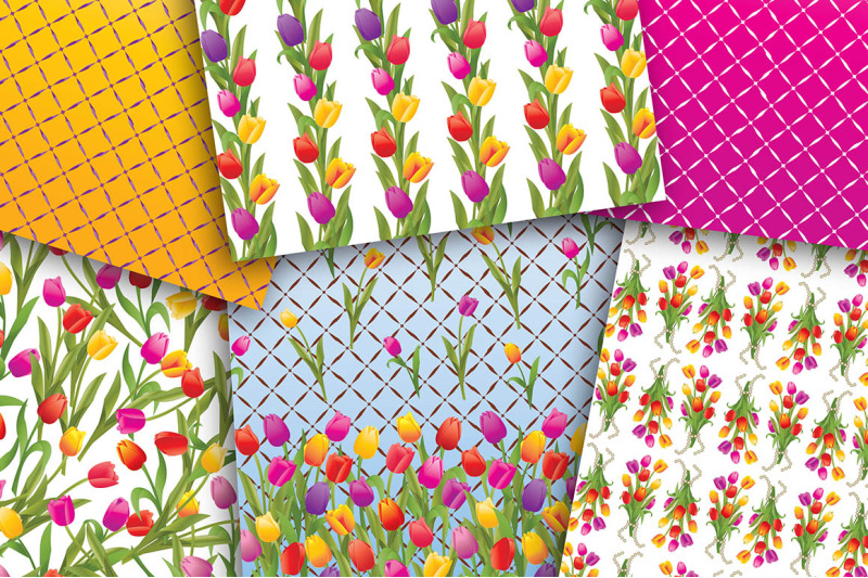 tulips-set-digital-papers-floral-pattern-plaid-patern-scrapbook-pap