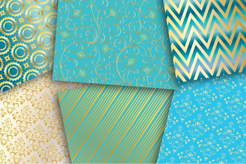 turquoise-and-gold-set-digital-papers-floral-pattern-polka-dots-che