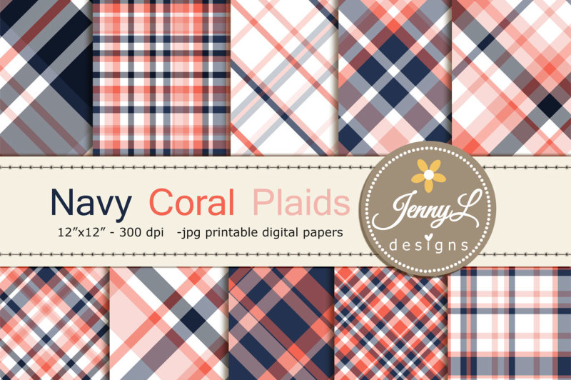 coral-navy-plaid-digital-papers