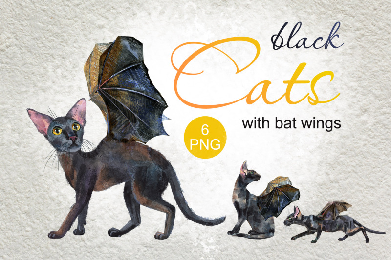 watercolor-black-cats-with-bat-wings
