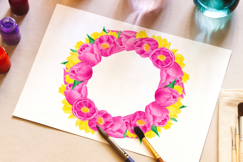 watercolor-tulip-wreath-pink-yellow-flowers-wreath