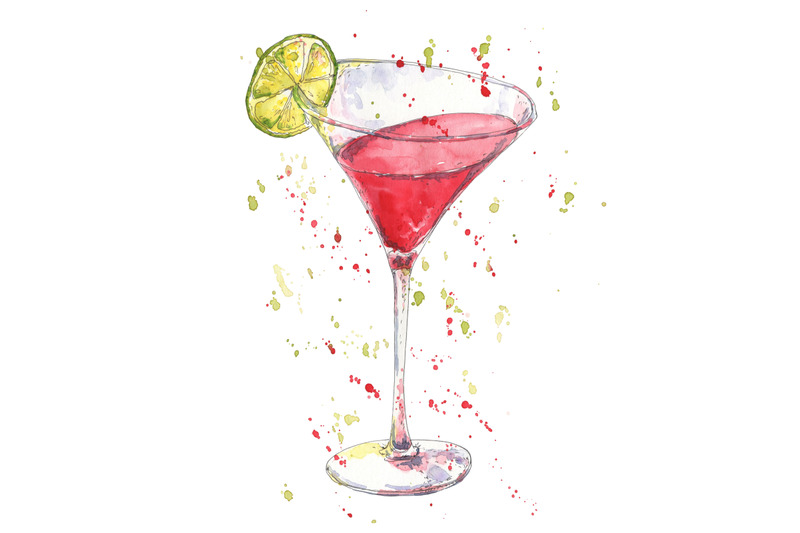 cocktail-cosmopolitan-hand-drawn-in-watercolor-sketch-style