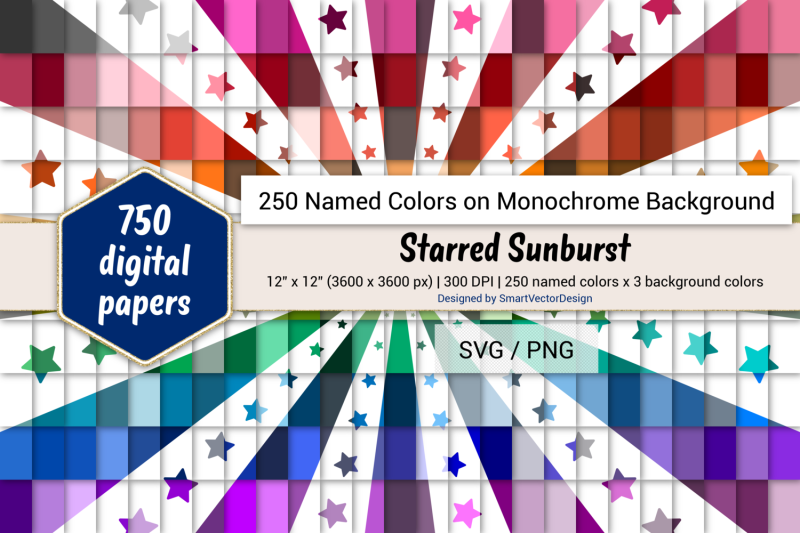 Starred Sunburst Digital Paper - 250 Colors on BG Craft SVG.DIY SVG