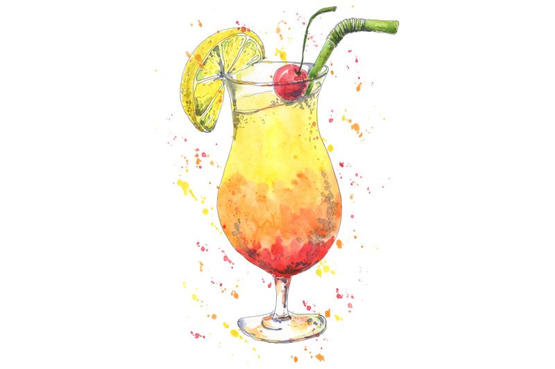 tropical-cocktail-hand-drawn-in-watercolor-sketch-style