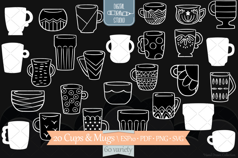 white-coffee-cup-decorated-tea-mugs-hand-drawn-glass-bowl