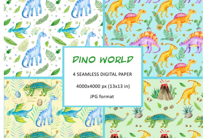 watercolor-dinosaur-digital-paper-dino-tropics-seamless-pattern