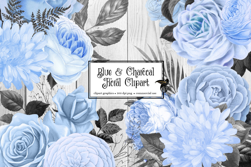 blue-and-charcoal-floral-clipart