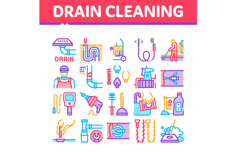drain-cleaning-service-collection-icons-set-vector