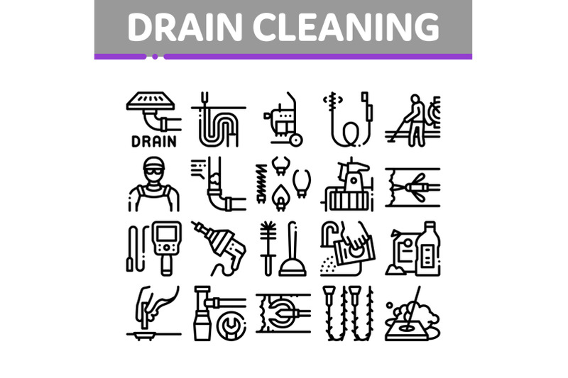 drain-cleaning-service-collection-icons-set-vector