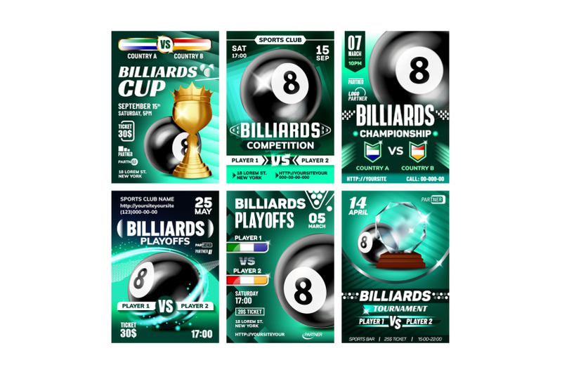 billiard-sportive-promo-leaflet-posters-set-vector