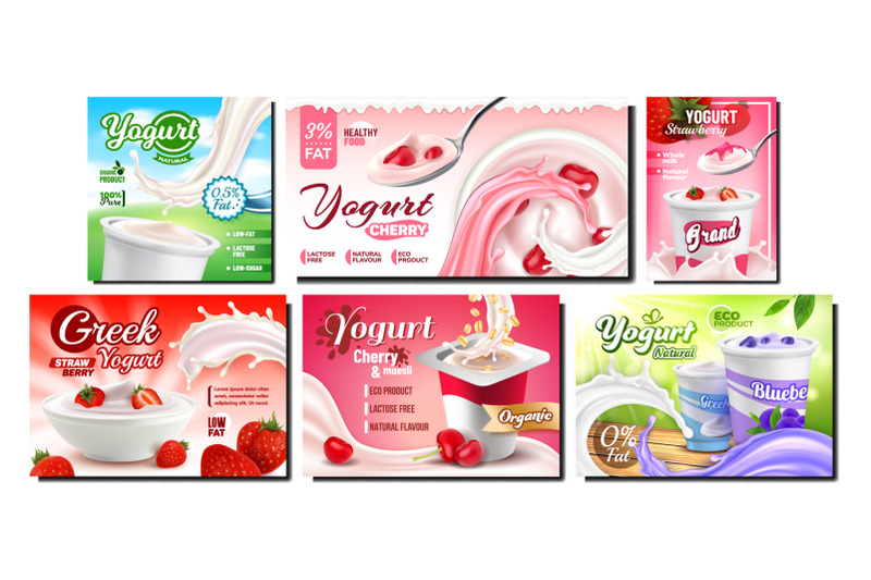 yogurt-dairy-food-promotional-banners-set-vector
