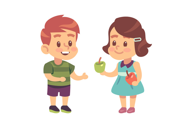 kids-good-manners-cartoon-girl-shares-apple-with-boy-children-respec