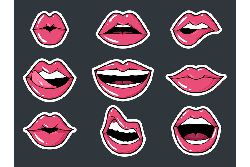 lip-stickers-set-patch-female-lips-and-mouth-with-a-kiss-smile-tong
