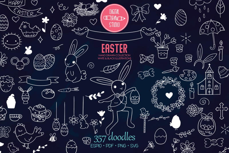 white-easter-doodles-decorated-egg-bunny-flowers-sheep-chocolate