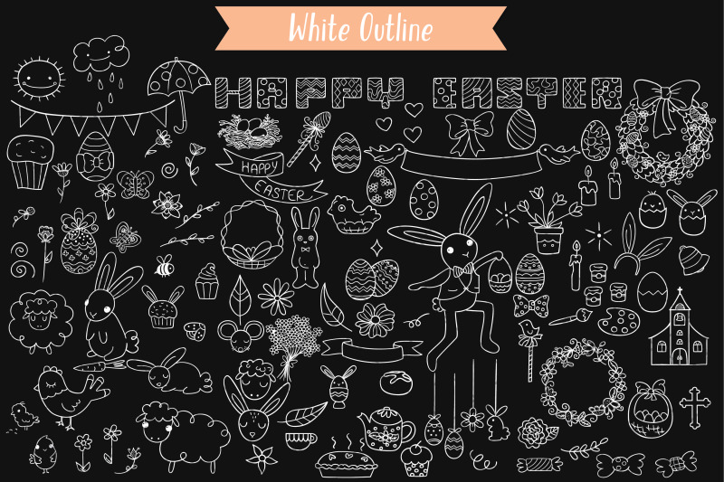 white-easter-doodles-decorated-egg-bunny-flowers-sheep-chocolate