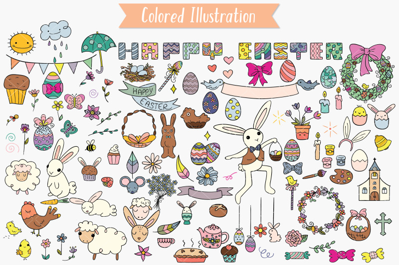 easter-color-doodles-decorated-egg-bunny-flowers-sheep-chocolate