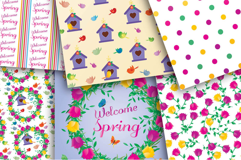 welcome-spring-digital-papers-floral-pattern-spring-stripes-curly
