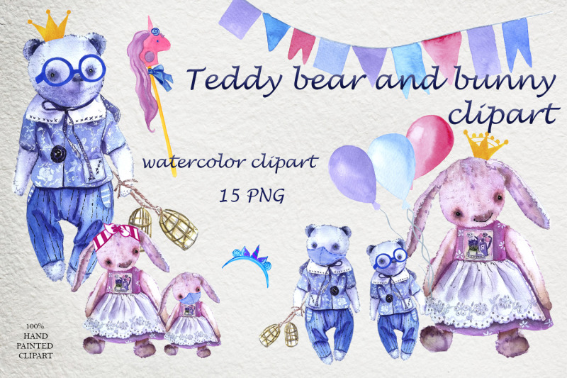 watercolor-clipart-pink-rabbit-and-blue-bear-cute-teddy-toys-with-bal