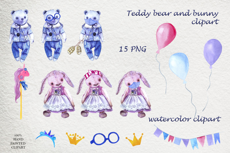 watercolor-clipart-pink-rabbit-and-blue-bear-cute-teddy-toys-with-bal