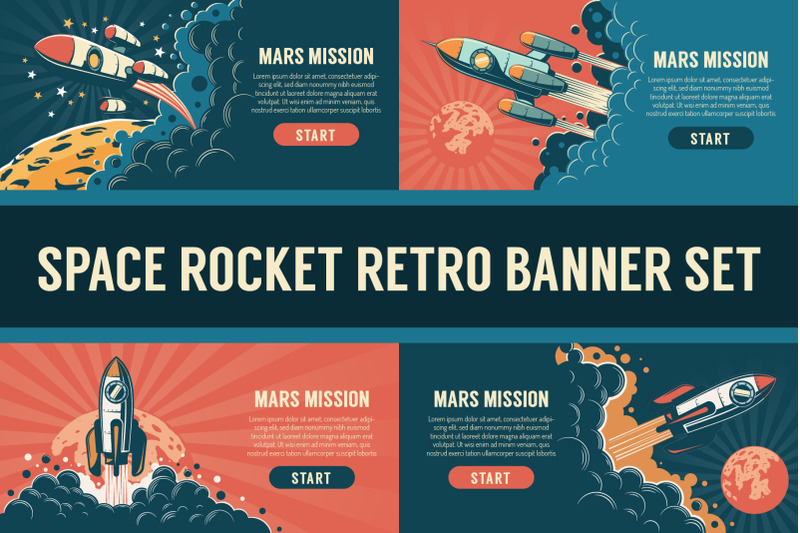 space-rocket-vintage-banner-set
