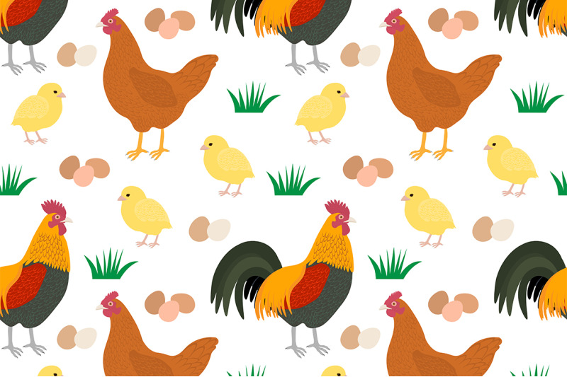 set-girl-and-chicken-rooster-chicks-eggs-vector-illustration