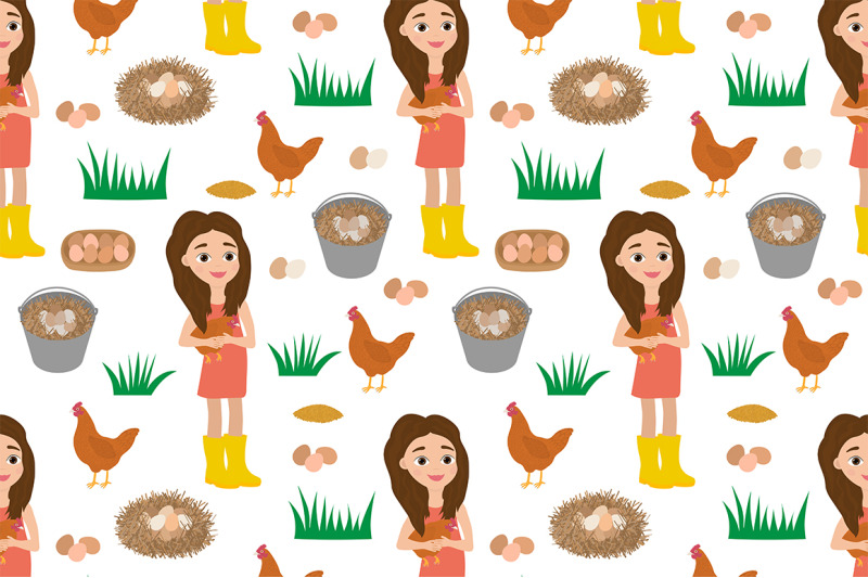 set-girl-and-chicken-rooster-chicks-eggs-vector-illustration