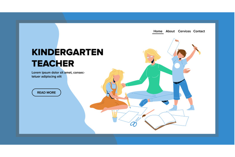 kindergarten-teacher-teach-paint-children-vector-illustration