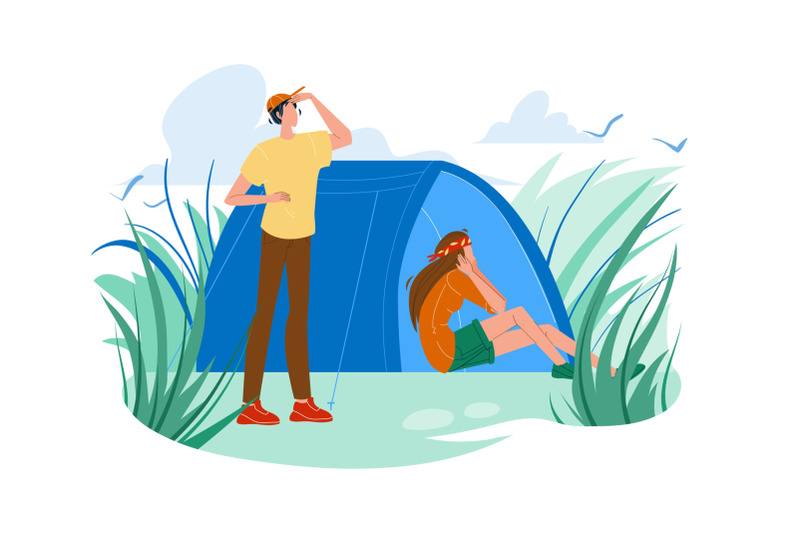 campsite-tent-and-tourists-man-and-woman-vector