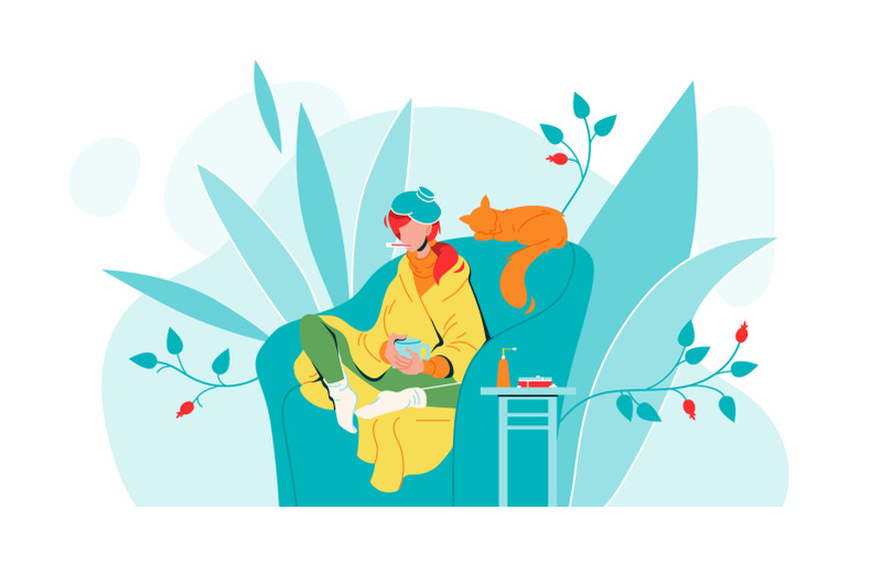 flu-ill-girl-in-armchair-with-temperature-vector