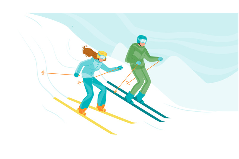 man-and-woman-skiing-downhill-from-hill-vector