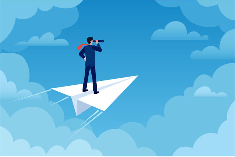 business-vision-businessman-on-paper-plane-with-telescope-looking-new