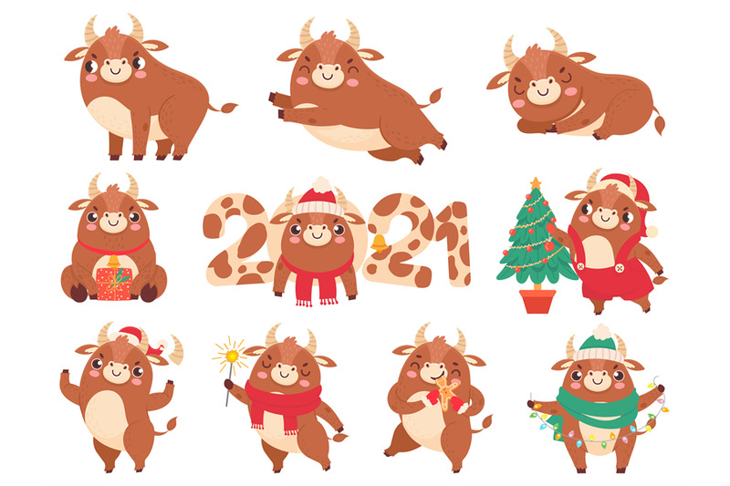 cute-ox-color-bulls-chinese-new-year-2021-symbol-animals-with-horns