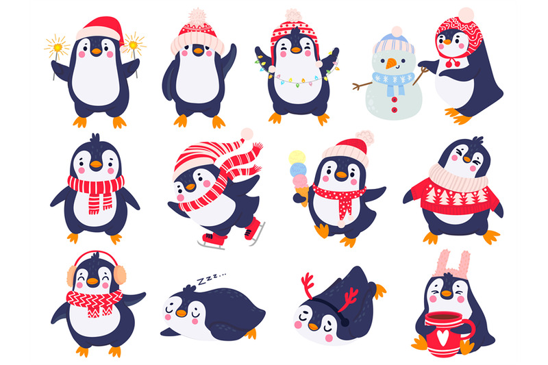 penguin-hand-drawn-cute-penguins-in-winter-clothing-and-hat-merry-ch