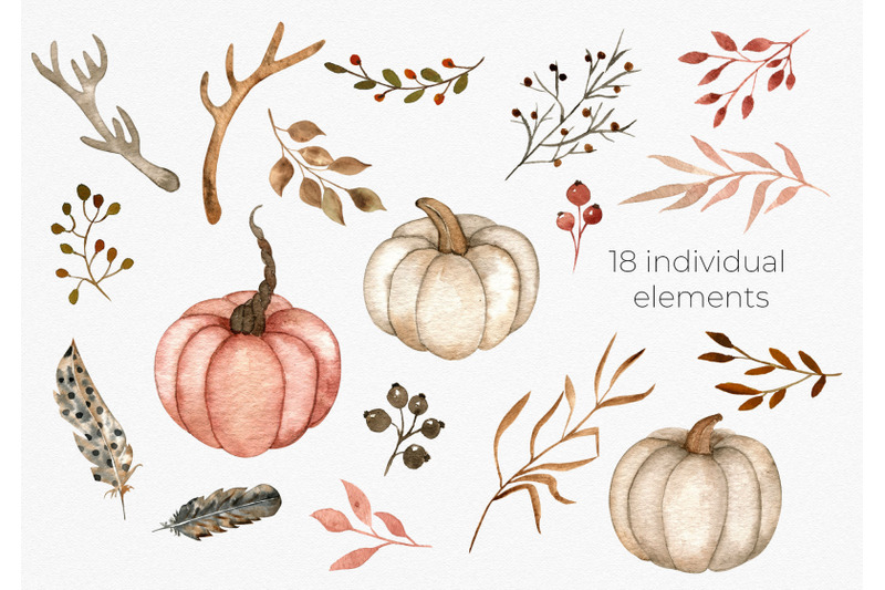 fall-watercolor-clipart-pumpkins-antlers-feathers