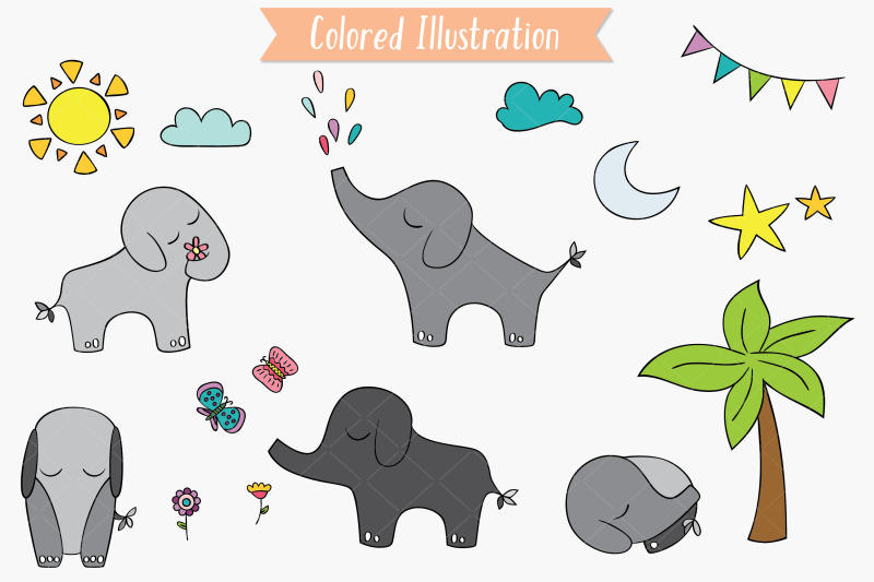 hand-drawn-elephants-color-jungle-animal-sun-moon-flower-tree