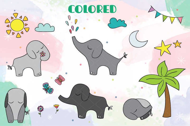 hand-drawn-elephants-color-jungle-animal-sun-moon-flower-tree