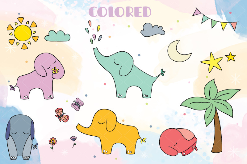 hand-drawn-elephants-color-jungle-animal-sun-moon-flower-tree