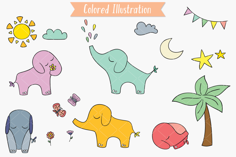 hand-drawn-elephants-color-jungle-animal-sun-moon-flower-tree