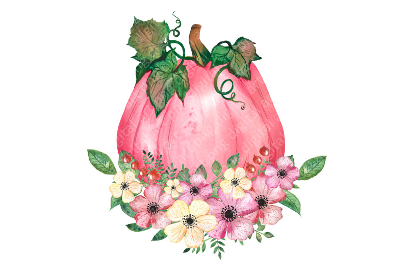 pink-pumpkin-clipart-watercolor-pumpkins-flowers-greenery-greeting