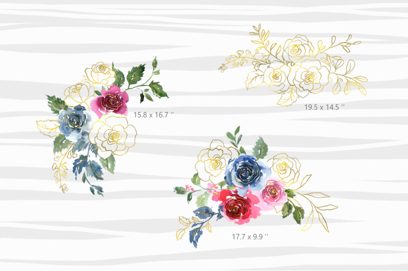 watercolor-flowers-blue-red-gold-elements-bouquets-frames-wreath
