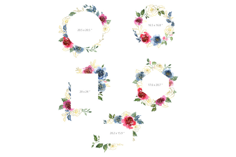 watercolor-flowers-blue-red-gold-elements-bouquets-frames-wreath