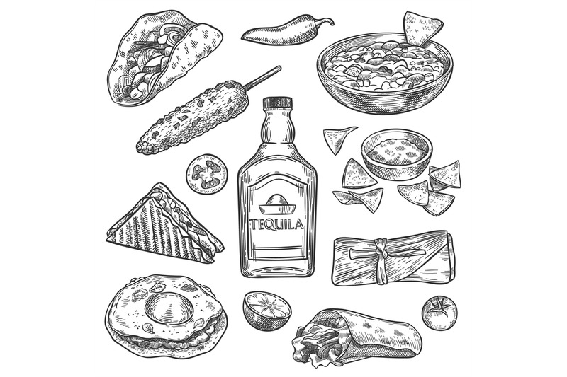 mexican-food-sketch-mexican-national-drink-tequila-and-traditional-fo