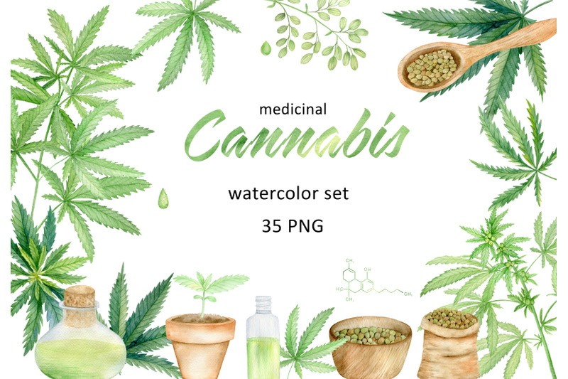 cannabis-leaves-and-products-watercolor-clipart-set