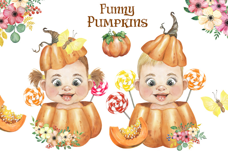 funny-pumpkin-watercolor-clipart-with-kids-children-clipart-pumpkin
