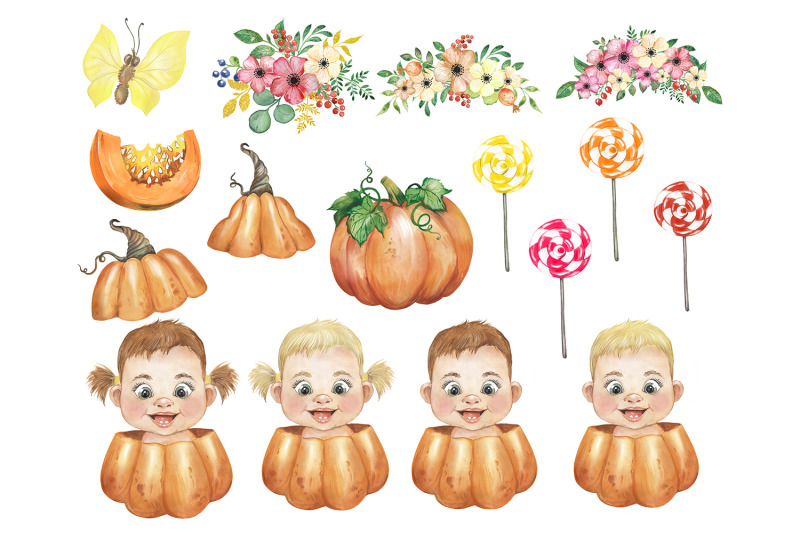 funny-pumpkin-watercolor-clipart-with-kids-children-clipart-pumpkin