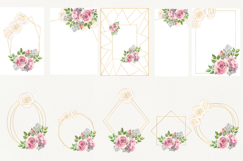 geometric-gold-frames-with-pink-rose-flowers
