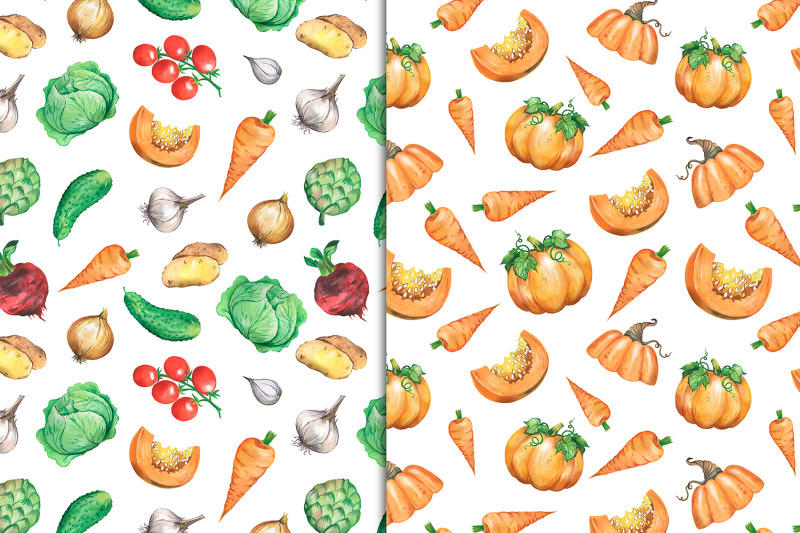 vegetables-watercolor-digital-paper-seamless-patterns-with-pumpkins