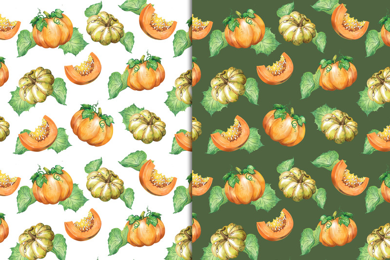 vegetables-watercolor-digital-paper-seamless-patterns-with-pumpkins