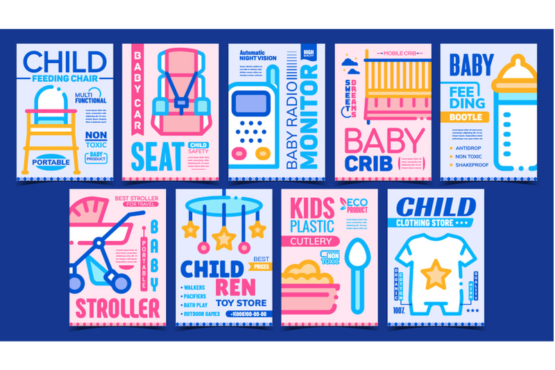 baby-accessories-advertising-posters-set-vector